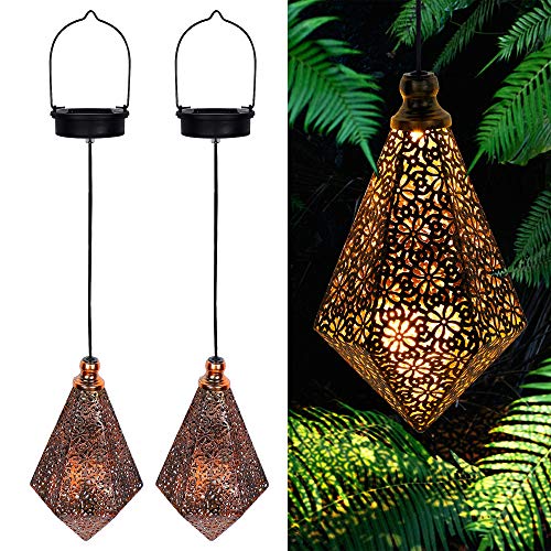MAGGIFT 2 Pack Solar Hanging Lights Solar Powered Retro Lantern with Handle Warm White LED Christmas Garden Lights Metal Diamond Shape Lamp Waterproof for Outdoor for Yard Tree Fence Patio