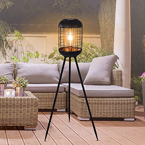 Solar Floor Lamp Outdoor Large Lanterns for Patio Waterproof Big Solar Lamp Outdoor Metal Tripod Deck Lights for Lawn Yard Pathway Landscaping or Porch(Black)