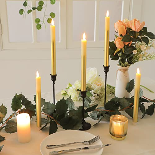 6 Pieces Valentines Day Flickering Gold Flameless Taper Candles LED Taper Window Candles Battery Operated Candles with Remote and Timer for Wedding Home Decor (Golden Gradient)