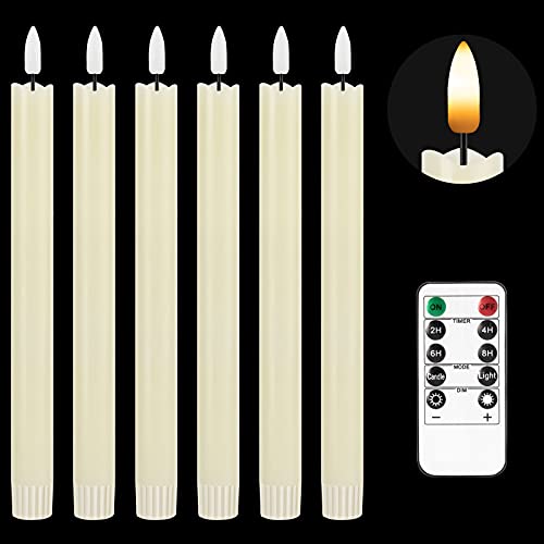 Flameless Taper Candles Flickering Battery Operated 3D Wick Warm Light Electric Candles with 10Key Remote LED Window Candles Real Wax Pack of 6 for Christmas Home Party Wedding Decor (Ivory)