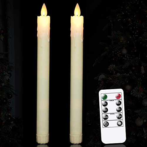 Flameless Taper Candles with Remote and Timer Moving Wick LED Flickering Window Candles Battery Operated for Christmas Dinner Table Centerpieces Party Decoration Set of 2 (Dripping Wax 2)