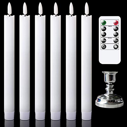 GenSwin Flameless Taper Candles with Remote Timer Battery Operated Flickering Real Wax LED Window Candles with Removable Silver Candle Holders for WeddingPartyBirthday Decor(Pack of 6 White)