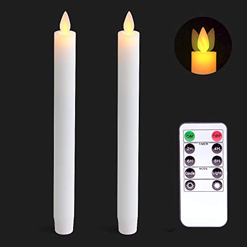 Wondise Flickering Flameless Taper Candles with Remote and Timer Battery Operated 9 Inch Moving Wick White Real Wax LED Window Candles for Holiday Decoration Set of 2(D078 x H95 Inches)