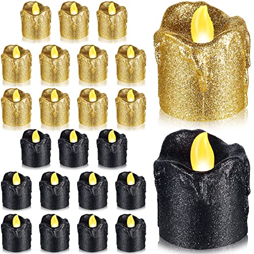 24 Pack Gold Glitter LED Tealights with Dripping Wax Design Black Flameless Candles Battery Operated Votive Tea lights of Warm Yellow Light Decor for Christmas Wedding Centerpieces Table Anniversary