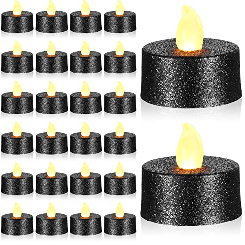 24 Packs Valentines Day Glitter Battery Tea Lights Flameless Led Tealights Operated Flickering Candles with Warm Yellow Light for Wedding Party Anniversary Festival Decoration (Black)