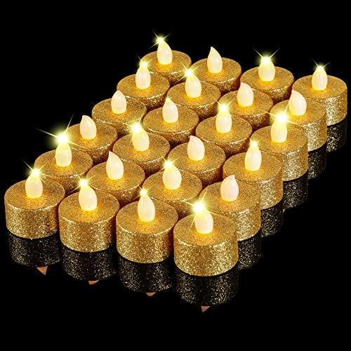 24 Pieces Glitter Gold Tea Lights Electric LED Tea Lights Candles Tea Lights Battery Operated Flickering Flameless Tealight Candles Votive Sparkler Candles for Valentines Day Table Wedding Party