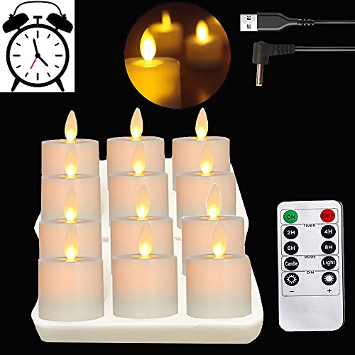 Rechargeable LED Battery Operated Tea Lights Realistic and Bright Flickering Flameless Tealights with Moving Wick Remote Control Pack of 12 USB Votive Candles for Christmas Halloween Gift