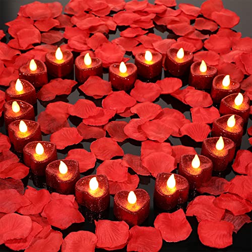 24 Pack Valentines Day Tea Lights Love Heart Led Battery Operated Glitter Flameless Centerpiece Table Decorations Colored Electric Fake Tea Lights Candles for Holiday Wedding Party Decor (Red)