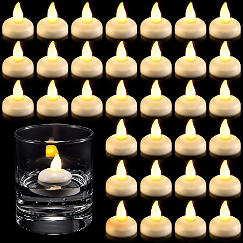 24 Pieces Flameless Floating Candles Waterproof Floating Tealights Warm White Led Flickering Electric Candles Decor for Valentines Day Wedding Centerpiece Pool Spa Birthday Christmas Party Dinner