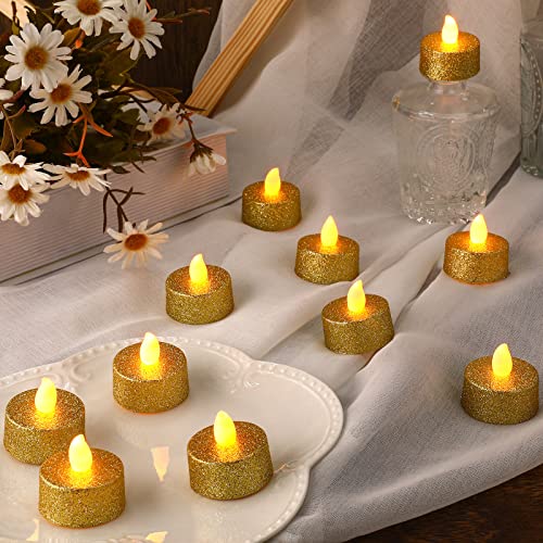24 Pieces Valentines Day Romantic Glitter Flameless Tea Lights Candle Flameless Votive Candle Electric Fake LED Candle for Valentines Day Table Wedding Decorations Party Decor (GoldGlitter)
