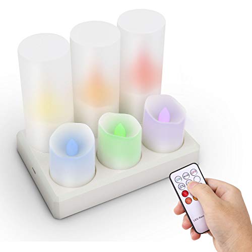 Flameless Rechargeable LED Tea Lights Set of 6 Color Changing Candles with Remote Electric Tealights with Charging Holder  Frosted Cups for Outdoor Halloween Pumpkin Light Christmas Decorations