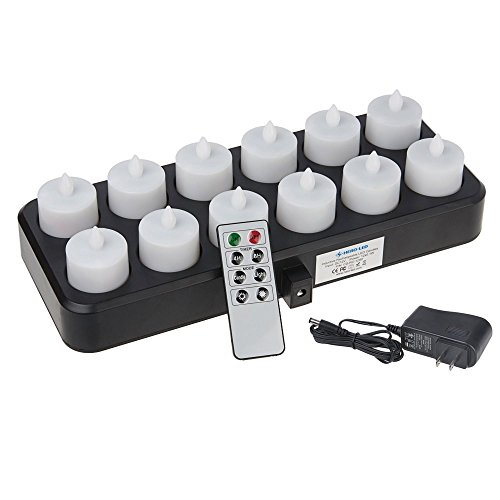 HEROLED CDRC12RFWW Wireless Inductive Rechargeable LED Electric Candles Flameless Flickering Tea Lights with Remote Timer Controller Set of 12 Warm White Color