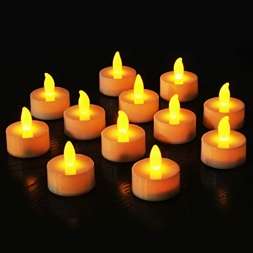 Novelty Place Flameless LED Tea Light Candles in Warm Yellow Flickering Bright Tealights Electric BatteryPowered Tealight Candles for Votive Wedding Birthday (Pack of 12)