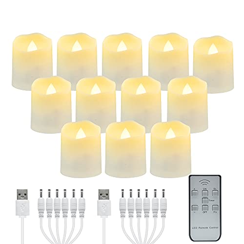 Rechargeable Flameless Tea Lights Candles with Timer  Remote 12pcs Flickering LED Votive Candles with 2 USB Charging Cables Warm White Light Electric Fake Candle for Home Christmas Festival Decor