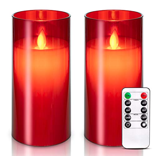 5plots 3 x 6 Red Flickering Flameless Candles for Valentine Unbreakable Glass Battery Operated Plexiglass LED Pillar Radiance Candles with Remote Control and Timer