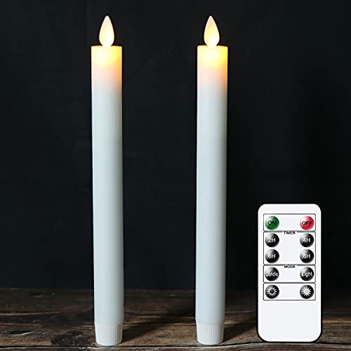 DRomance White Flameless Taper Candles with Remote and Timer Moving Wick LED Flickering Window Candles Battery Operated 078 x 95 Inches Real Wax Amber Yellow Christmas Decoration Candles Set of 2