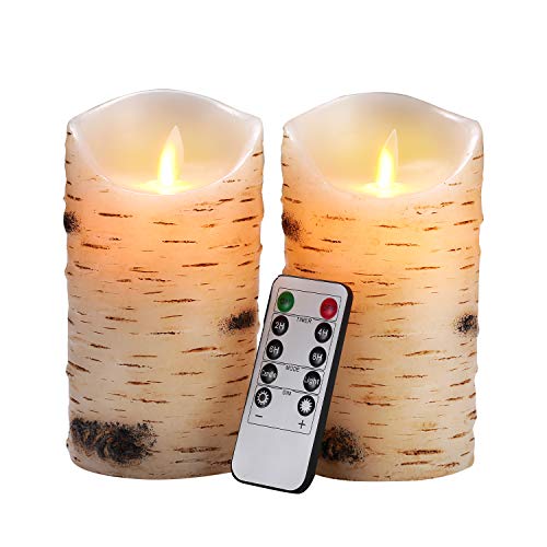 Flameless Candles LED Candles Birch Bark Effect Set of 2 (D325 X H6) Ivory Real Wax Pillar Battery Operated Candles with Dancing LED Flame 10Key Remote Control and Cycling 24 Hours Timer