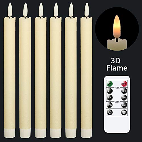 GenSwin Flameless Ivory Taper Candles Flickering with 10Key Remote Battery Operated Led Warm 3D Wick Light Window Candles Real Wax Pack of 6 Christmas Home Wedding Decor(078 X 964 Inch)