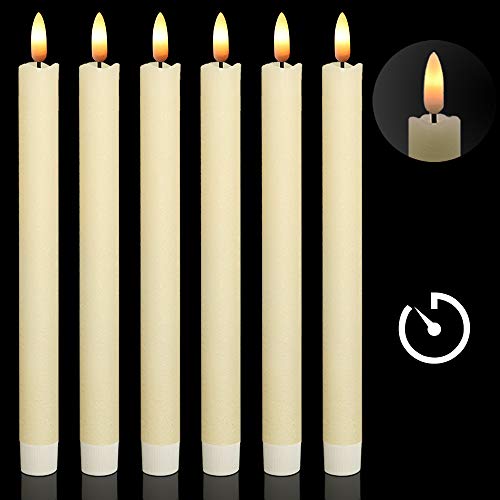DRomance Flameless Taper Candles Battery Operated with 6 Hours Timer Set of 6 Real Wax Warm Light 3D Wick LED Flickering Taper Candles 078 x 964 Christmas Home Decoration(Ivory)