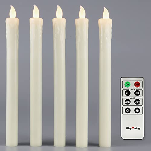 Ivory 10 Flameless Taper Candles with Timer Battery Operated Dinner Candles PushActivated Wax Drip Warm White Light Remote  Batteries Included  Set of 5