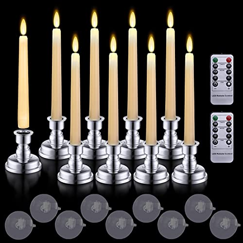 MIXALY 9PACK 8 LED 3D Wick Taper Candles with Remote Timer  Ivory Battery Operated Flameless Window Candles with Flickering Flame and Removable Candlesticks  Perfect for DinnerPartyWedding Decor