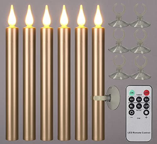 Window Candles Flickering Battery Operated with Remote and Timer 6 Pack Electric Gold Flameless Taper Candles with Magnetic Base for Christmas Halloween Dinner Wedding Party Decoration