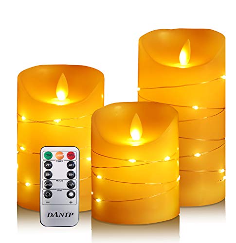 DANIP flameless Candle with Embedded String Lights 3Piece LED Candle with 10Key Remote Control 24Hour Timer Function Dancing Flame Real Wax BatteryPowered (Ivory White)