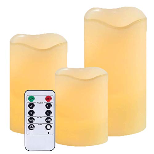 Flameless Battery Operated Flickering Candles LED Real Wax Electric Votive Candle Lights with Remote Control Set of 3 Large Pillar Fake Candles for Wedding Party Outdoor Votive Diwali Garden