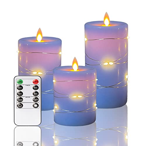 Flameless Candles Battery Candles with String Lights Battery Powered LED Candle Flashing Candle with Remote Control and Timer for Seasonal and Festive CelebrationsFanzri 3 Candle Set Sky Blue