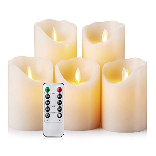 Flameless Candles LED Candles Realistic Moving Set of 5 Ivory Battery Candles Real Wax Pillar with 10Key Remote Control Timer 2468 Hours