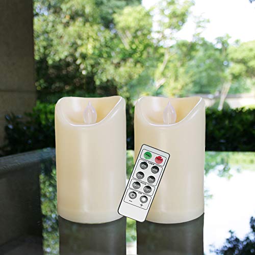 Flameless Outdoor Waterproof LED Pillar Candle with Remote Timer Battery Operated Flickering Resin Candle Light for Halloween Christmas Wedding Party Centerpiece Decorations Supplies 3x 5 2Pack