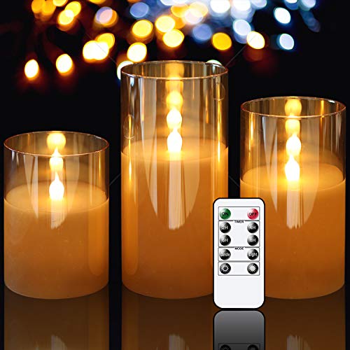 GenSwin Gold Glass Battery Operated Flameless Led Candles with 10Key Remote and Timer Real Wax Candles Warm White Flickering Light for Home Decoration(Set of 3)