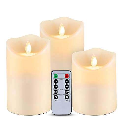 Homemory Waterproof Flickering Flameless Candles Outdoor Indoor Battery Operated LED Candles with Remote Timers Wont Melt Moving Flame Ivory Frosted Plastic D325x H456 Set of 3