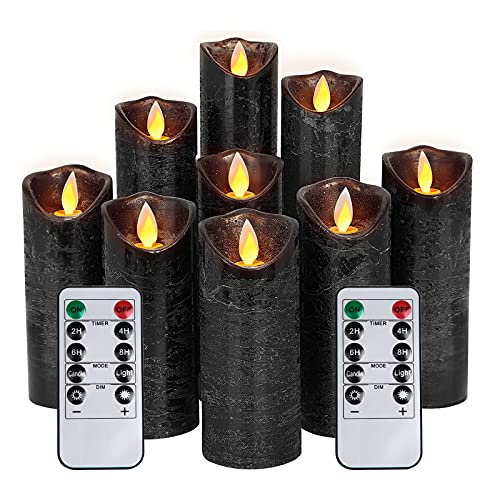 RY King Set of 9 Pillar Real Wax Flameless LED Battery Operated Electric Flickering Candles with Remote Control Timer for Holiday Decorations
