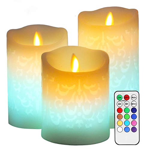 SHYMERY Color Changing LED CandleCarved 3D DesignsReal Wax Flickering MultiFunction Battery Operated Flameless Candles with Remote Timer for Teen Girl Room DecorBedroom GiftsChristmas Decorations