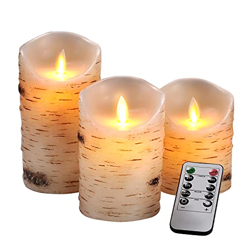 Tuyai Flameless Candles LED Candles Set of 3 (D 325 x H 4 5 6) Ivory Real Wax Pillar Birch Bark Effect Battery Operated Candles Dancing LED Flame 10Key Remote Control and Cycling 24 Hrs Timer