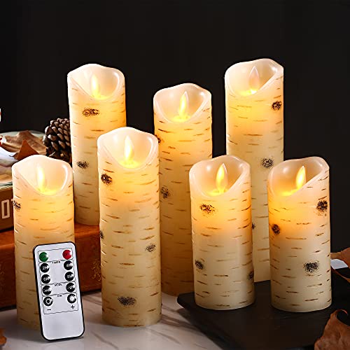 kedtui Flameless Candles Battery Operated Candles with Birch Bark Effect Set of 7 Ivory Real Wax Pillar Dancing LED Flames Candles with 10Key Remote Control and Cycling 24 Hours Timer