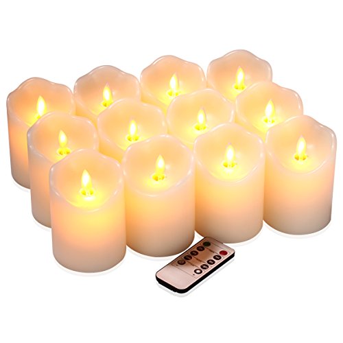 qinxiang Flameless Candles Flickering LED Candles Set of 12 (D3 X H4) Ivory Real Wax Pillar Battery Operated Candles with Dancing LED Flame 10Key Remote and Cycling 24 Hours Timer