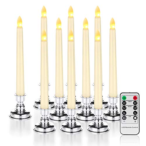 Amagic 9Pcs Christmas Window Candles with Timer Flameless Taper Candles with Silver Bases Battery Operated Window Candles Flickering Flame Warm White Remote Control Ivory Halloween Decorations