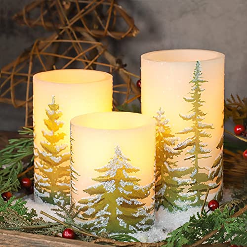 CHERIMENT Set of 3 Christmas Holiday Theme Flameless Candles Battery Operated LED Candles with Remote Xmas Tree Decal Candles for Holiday Home Party Decoration