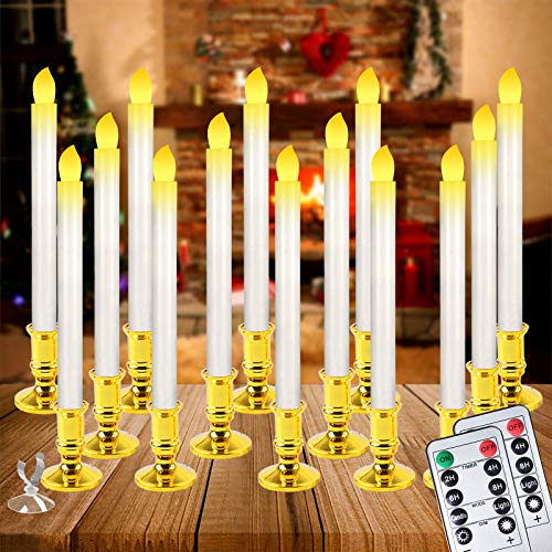 Christmas Window Candles Lights14 Pack Battery Operated Flameless Taper Candles with 2 Remote Control and TimerRemovable Golden Holder Suction Cup for Seasonal  Festival Home DecorWarm White10