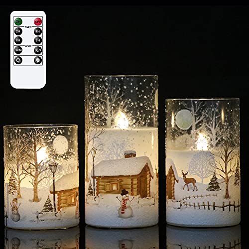 DRomance White Christmas Glass Flickering Flameless Candles Battery Operated with 10Key Remote and Timer Set of 3 Real Wax Holiday LED Window Pillar Decor Candles(Snowman Decal 3 x 4 5 6 Inches)