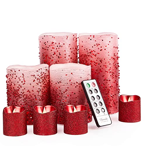 Furora LIGHTING Red Flameless Candles Battery Operated with Remote Control Glitter Votives Candles and Pillar Candles Living Room Decor Christmas Flameless Candles Decorations Table Centerpieces