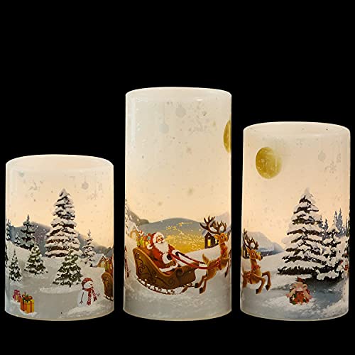 GenSwin Christmas Santa Clause Flameless Candles Flickering Battery Operated with Timer Real Wax Led Pillar Candles Warm Light Christmas Snowman Santa Clause and Deer Home Decor Gift(Pack of 3)