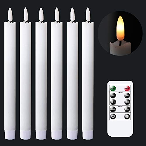 GenSwin Flameless White Taper Candles Flickering with 10Key Remote Battery Operated Led Warm 3D Wick Light Window Candles Real Wax Pack of 6 Christmas Home Wedding Decor(078 X 964 Inch)