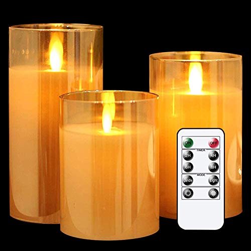 GenSwin LED Flameless Flickering Battery Operated Candles with 10Key Remote Control Real Wax Moving Wick Pillar Glass Candles for Festival Wedding Christmas Home Party Decor(Pack of 3 Gold)