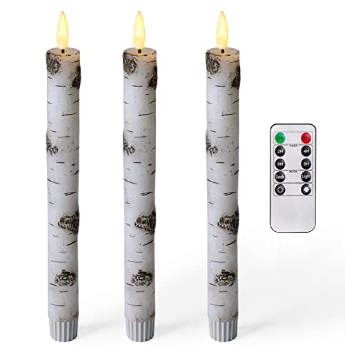 Homemory 3 Pcs Birch LED Taper Candles with Timer Real Wax Battery Operated Window Candles with Remote 96 Inches Flameless Flickering Candlesticks for Fireplace Christmas Halloween Wedding