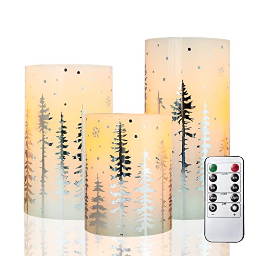 Kelon Flameless Candles with Christmas Tree DecalGilding Silver Xmas Tree Flickering LED Candles Battery Operated Realistic Pillar Candle with RemoteTimer for ChristmasHomePartyRoom Decor