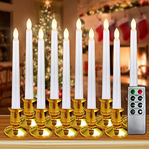 POTAITREE Christmas Flameless Taper Candles Set of 10 Battery Operated Remote Timer LED Window Candles with Holders for Wedding Christmas Themed Party Home Decorations