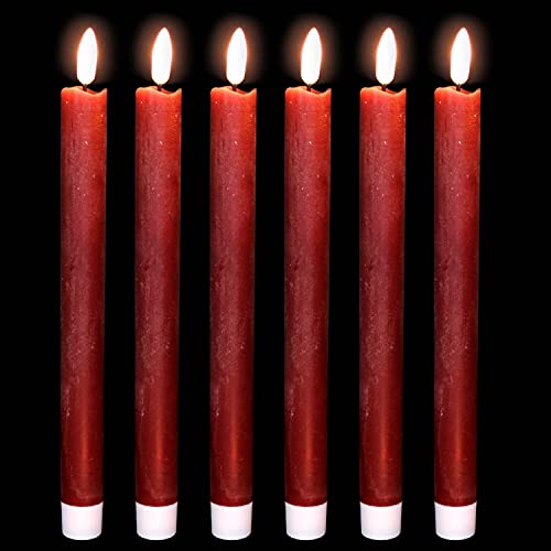 Wondise Flameless Flickering Taper Candles with Timer 9 Inch Burgundy Red Battery Operated LED Taper Window Candles for Dinner Holiday Christmas Decoration Set of 6(078 x 96 Inch)